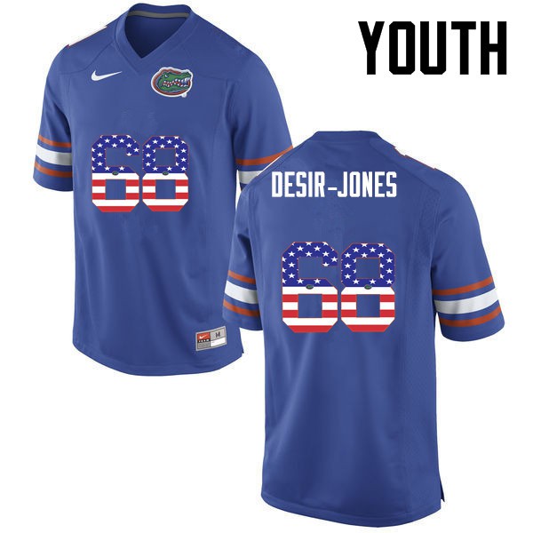 Florida Gators Youth #68 Richerd Desir Jones College Football USA Flag Fashion Blue